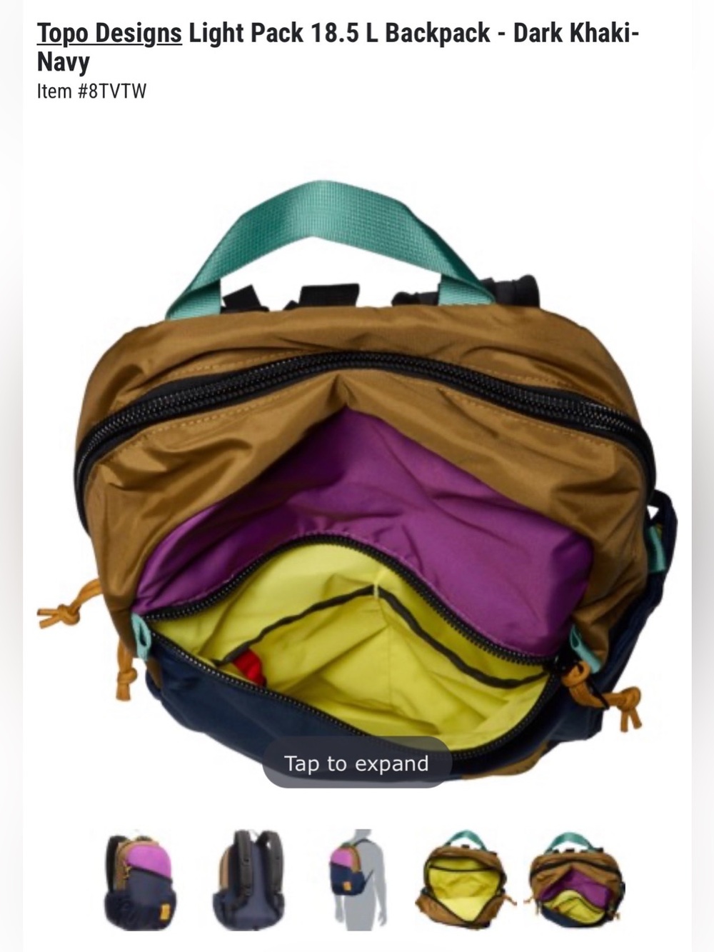 Topo Designs Light Pack 18.5 L Backpack - Dark Khaki-Navy - Picture 4 of 9